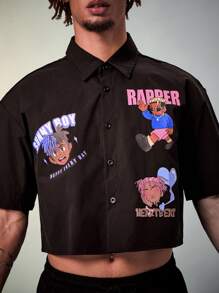 FeverCity Men's Cartoon Letter Print Short Sleeve Crop Top Shirt - Black - View 2