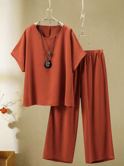 Joress Conjunto Casual de Verão com Top de Manga Curta Gola Redonda e Calça Comprida em Cor Sólida, Plus Size