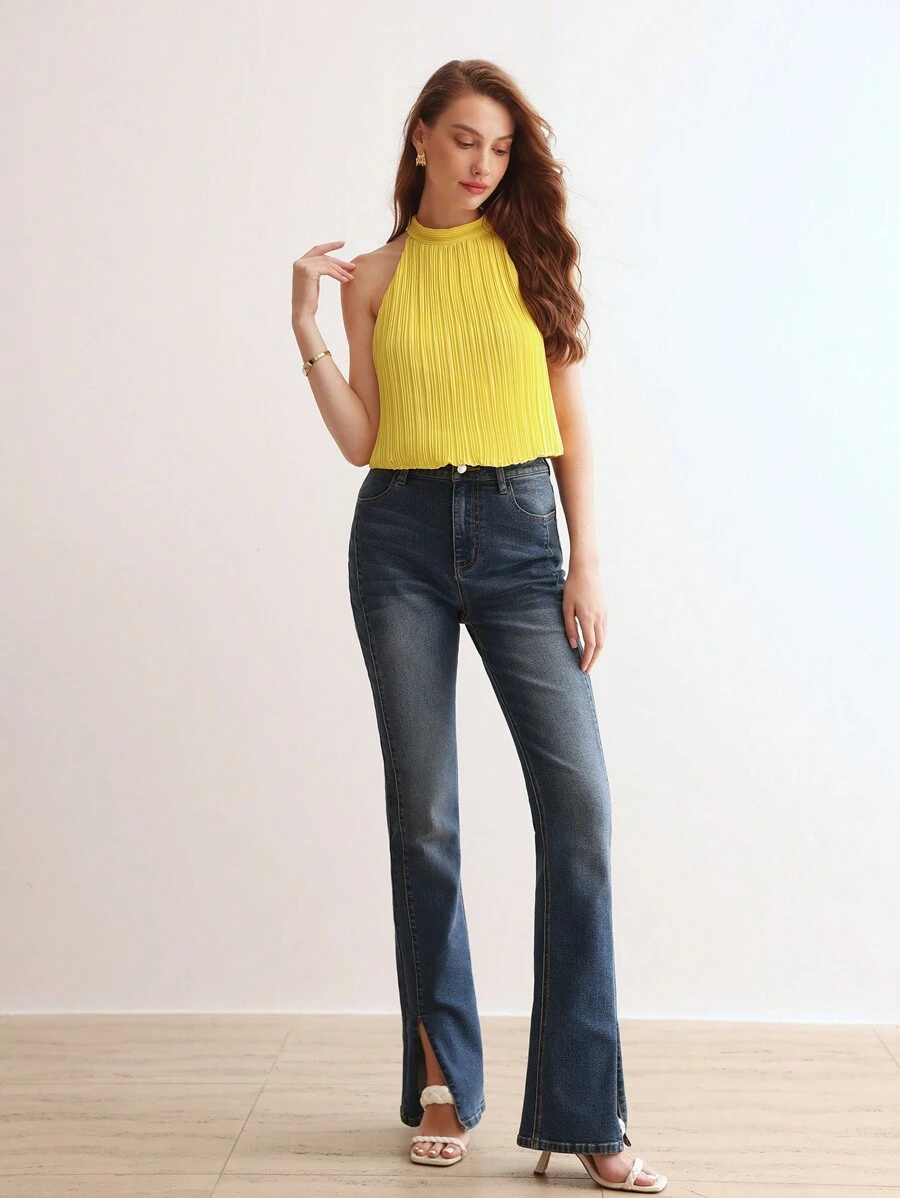 MOTF PREMIUM SOLID LETTUCE TRIM PLISSE BLOUSE - Yellow - View 2
