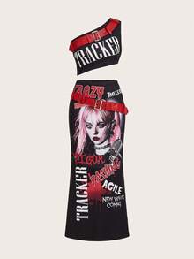 SHEIN ICON Y2k Summer Spring Outfits Music Festival & Party Outfits Summer Sets Rock Band Printed PU Shoulder Strap Decorated Skirt Set, Including Low-Rise Skirt And Color-Contrasting Belt, For Women - Black - View 3