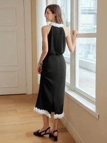 MOTF PREMIUM CONTRAST 3D APPLIQUES DETAIL HALTER NECK DRESS - Black - View 7