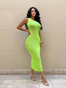 Zolique Vestido feminino sem mangas simples e liso para uso diário - Verde - Visão 5