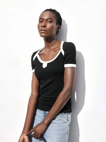 Maija Camiseta informal de manga corta de corte holgado con cuello redondo y bloques de color para mujer, primavera/verano