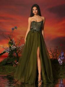 High-Grade Net Yarn Green Women's Strapless High Slit Evening Dress - Army Green - View 4
