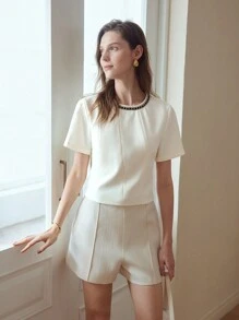 MOTF PREMIUM KEYHOLE BACK CONTRAST TAPE TRIM BLOUSE,CHIC BLOUSE - Apricot - View 4