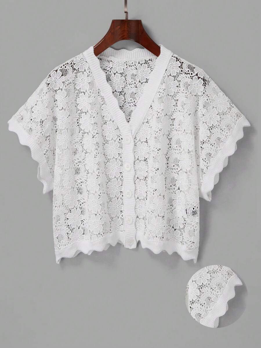 Breezaya 帶有類似鉤花圖案的大碼開衫，白色上衣 - 白色 - 查看 1