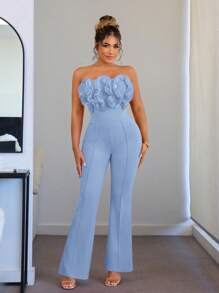 SHEIN SXY Jieri服飾女士粉色連身褲，夏季正式服裝，褶邊、蕾絲細節，修身上衣，適用於畢業典禮、派對和約會