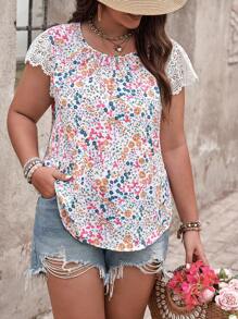 SHEIN Franclia Blusa de encaje con contraste de tallas grandes para vacaciones y ocasiones casuales con estampado floral pequeño - Multicolor - Ver 4