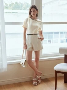 MOTF PREMIUM KEYHOLE BACK CONTRAST TAPE TRIM BLOUSE,CHIC BLOUSE - Apricot - View 7