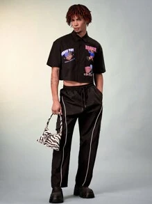 FeverCity Men's Cartoon Letter Print Short Sleeve Crop Top Shirt - Black - View 4