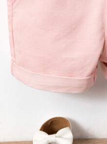 Baby Girl Pink Cute Frayed Washed Denim Overalls Shorts, Versatile Style