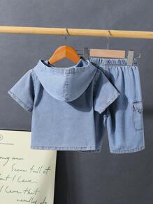 嬰兒男童簡約休閒牛仔套裝 - 淺色水洗藍 - 查看 2