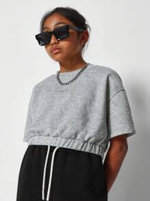 SUMWON Áo thun thiết yếu crop fit có gấu quần cho bé gái tuổi teen - Màu Xám nhạt - Xem 4