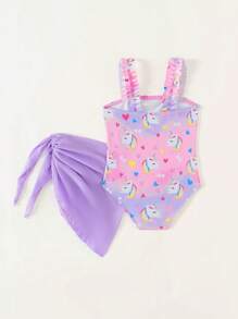 SHEIN Baby Girl Unicorn Print One-Piece Swimwear With Cover-Up Skirt Set - Multicolor - View 2