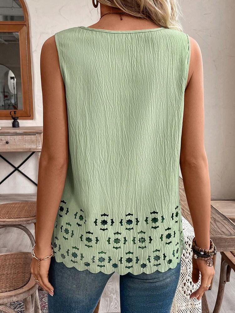Shell Trim Solid Color Burnout Hem Top For Vacation & Casual