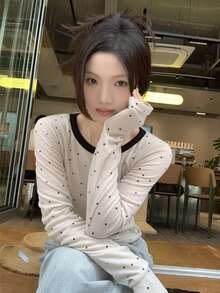 女士圓點拼色長袖T恤，薄款休閒時尚圓領上衣