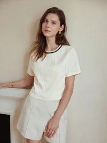 MOTF PREMIUM KEYHOLE BACK CONTRAST TAPE TRIM BLOUSE,CHIC BLOUSE - Apricot - View 3