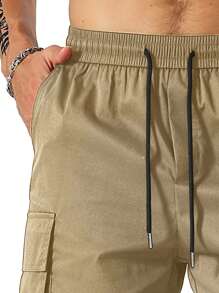 Manfinity Homme Loose-Fit Men's Cargo Shorts With Slogan Graphic, Flap Pockets, And Drawstring Waist - Khaki - View 6