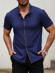 Manfinity Homme Men's Solid Color Short Sleeve Casual Shirt,Summer Men Shirts - Navy Blue - View 1