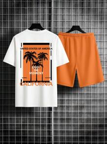 Manfinity RSRT Men's Plus Size Summer Palm Tree & Slogan Printed Round Neck Short Sleeve Casual T-Shirt And Drawstring Waist Shorts Set