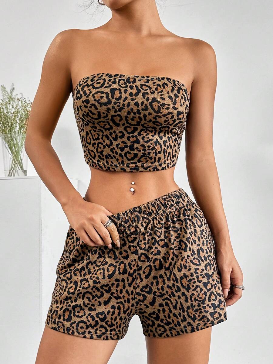 SHEIN EZwear 女性時尚性感豹紋圓管上衣和短褲套裝