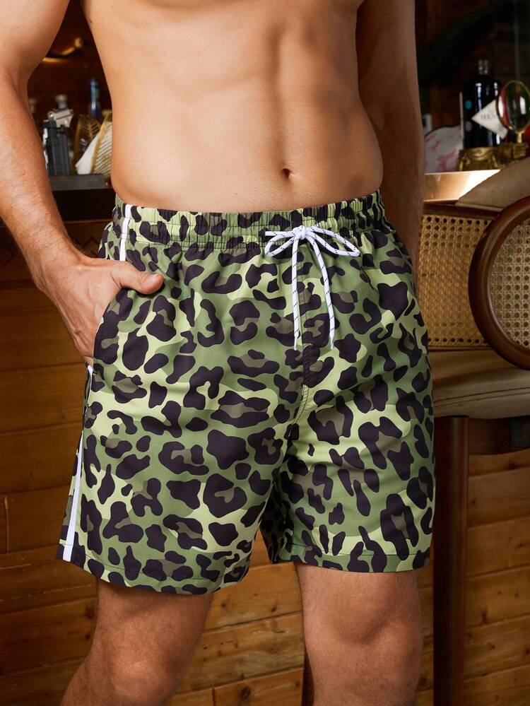 Men's Summer Leopard Print Beach Shorts With Drawstring Waistband
