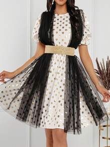 SHEIN Lady Women's White & Golden Dot Jacquard Fabric Contrast Mesh Bowknot Belted Summer Dress - Multicolor - View 1