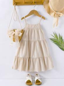 SHEIN Vintaside Kids Young Girl Casual Solid Color Cami Dress - Apricot - View 2