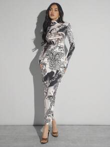 Hauture Tattoo Graphic Print High Neck Bodycon Dress - Multicolor - View 4