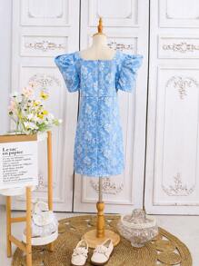 Tween Girl Vacation Style Floral Printed One-Piece Dress - Baby Blue - View 2