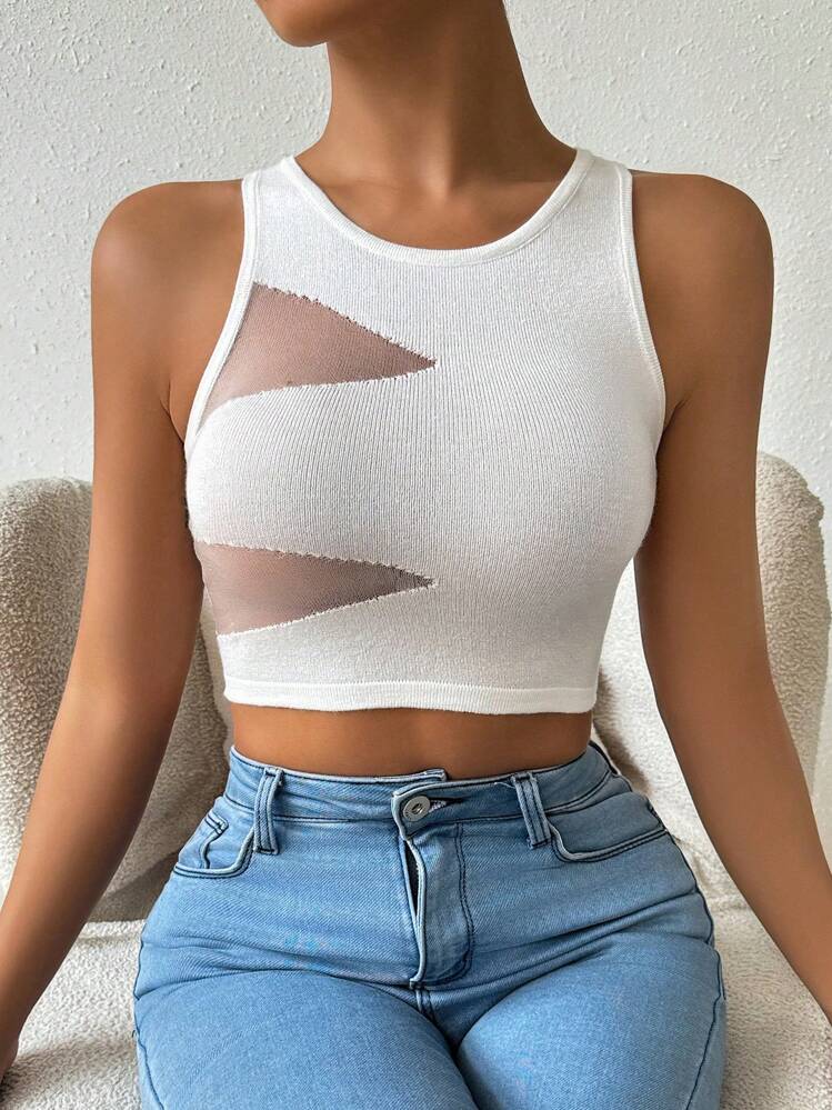 SHEIN Unity Áo len không tay cổ tròn màu trơn có lưới tương phản cho vẻ ngoài trong suốt gợi cảm - trắng - Xem 4