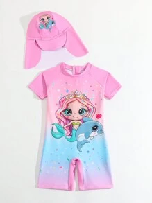 Young Girl One-Piece Swimsuit With Printed Design And Free Cap - Multicolor - View 4