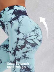 SHEIN Core Rhythm 弹力扎染宽腰运动紧身裤瑜伽女裤 - 彩色 - 查看 3