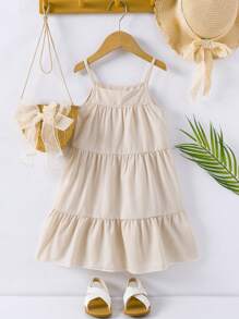 SHEIN Vintaside Kids Young Girl Casual Solid Color Cami Dress - Apricot - View 1