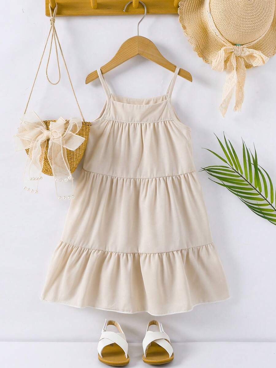 SHEIN Vintaside Kids Young Girl Casual Solid Color Cami Dress - Apricot - View 1