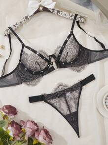SHEIN Conjunto de lencería sexy de encaje diario simple y liso para mujeres