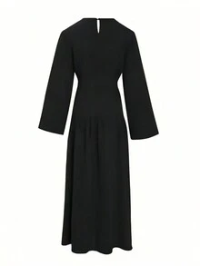 女式宽松V领长款连衣裙，带腰带，休闲度假连衣裙，端庄