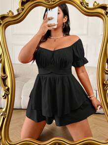 Sunnyshic Plus Size Solid Color Off Shoulder Ruched Jumpsuit For Casual Summer