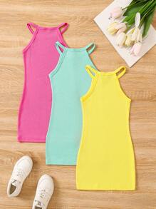 SHEIN 3pcs Young Girl Summer Solid Color Halter Neck Casual Dress, School, Campus, College - Multicolor - View 2