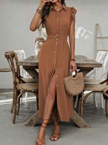 SHEIN Clasi 女式假期休閒純色荷葉邊前釦長衬衫裙 - 棕色 - 查看 1