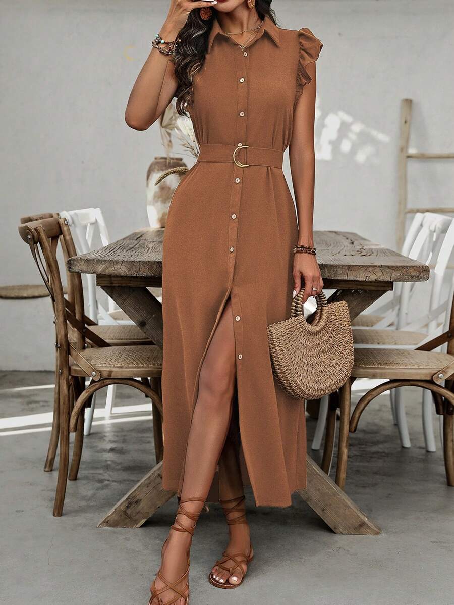SHEIN Clasi 女式假期休閒純色荷葉邊前釦長衬衫裙 - 棕色 - 查看 1