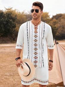 Manfinity RSRT 男士寬鬆幾何印花開衫領上衣和短褲 - 白色 - 查看 1