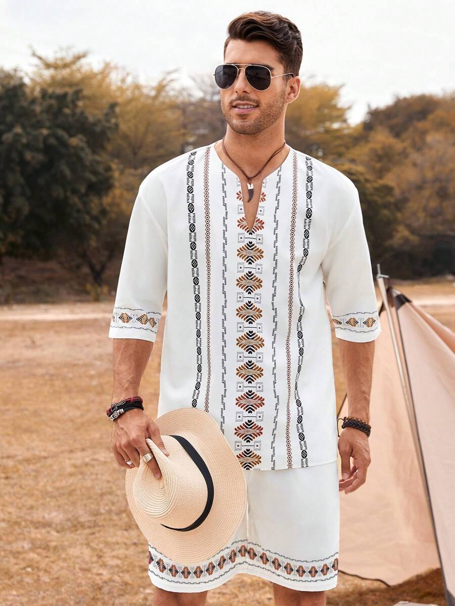 Manfinity RSRT 男士寬鬆幾何印花開衫領上衣和短褲 - 白色 - 查看 1