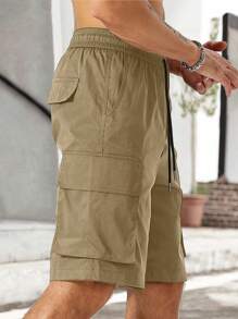 Manfinity Homme Loose-Fit Men's Cargo Shorts With Slogan Graphic, Flap Pockets, And Drawstring Waist - Khaki - View 5