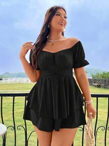 Sunnyshic Plus Size Solid Color Off Shoulder Ruched Jumpsuit For Casual Summer