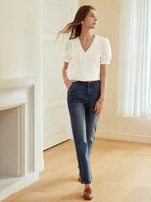 MOTF PREMIUM SOLID PUFF SLEEVE GUIPURE LACE DETAIL SCHIFFY BLOUSE - White - View 5