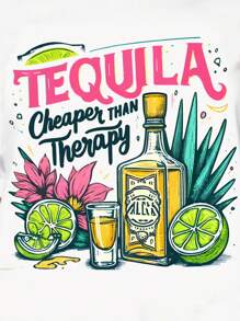 Calvaya 大码女式夏季字母和花卉印花圆领短袖休闲 T 恤 TEQUILA 比图案 T 恤便宜女式上衣 - 白色 - 查看 3