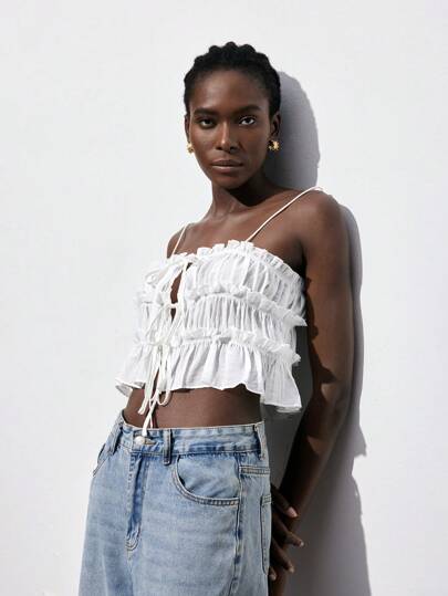 Maija Country Style White Cruise Vacation Women Tank Top, Solid Color Patchwork Ruffle Trim Front Tie Sleeveless Shirt For Summer