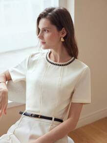 MOTF PREMIUM KEYHOLE BACK CONTRAST TAPE TRIM BLOUSE,CHIC BLOUSE - Apricot - View 2