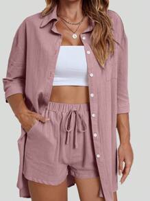 SHEIN LUNE Conjunto casual de dos piezas con camisa y pantalones cortos de unicolor para primavera/verano para tallas grandes - Rosa vieja - Ver 1